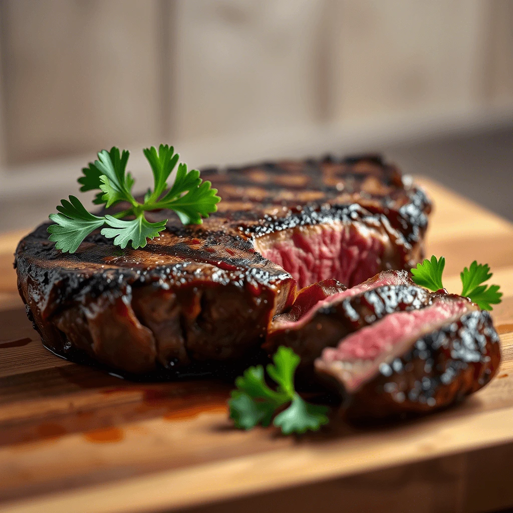 Medium-rare grilled steak with sear marks and parsley garnish on a wooden cutting board.