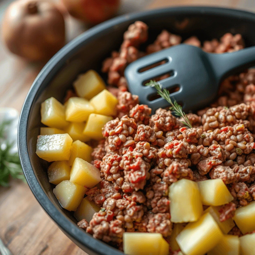 A hearty bowl of ground beef and diced potatoes, garnished with fresh herbs and a sprig of rosemary, accompanied by a blue spatula.
