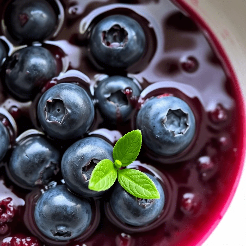 Close-up of fresh blueberries in homemade blueberry compote with mint garnish