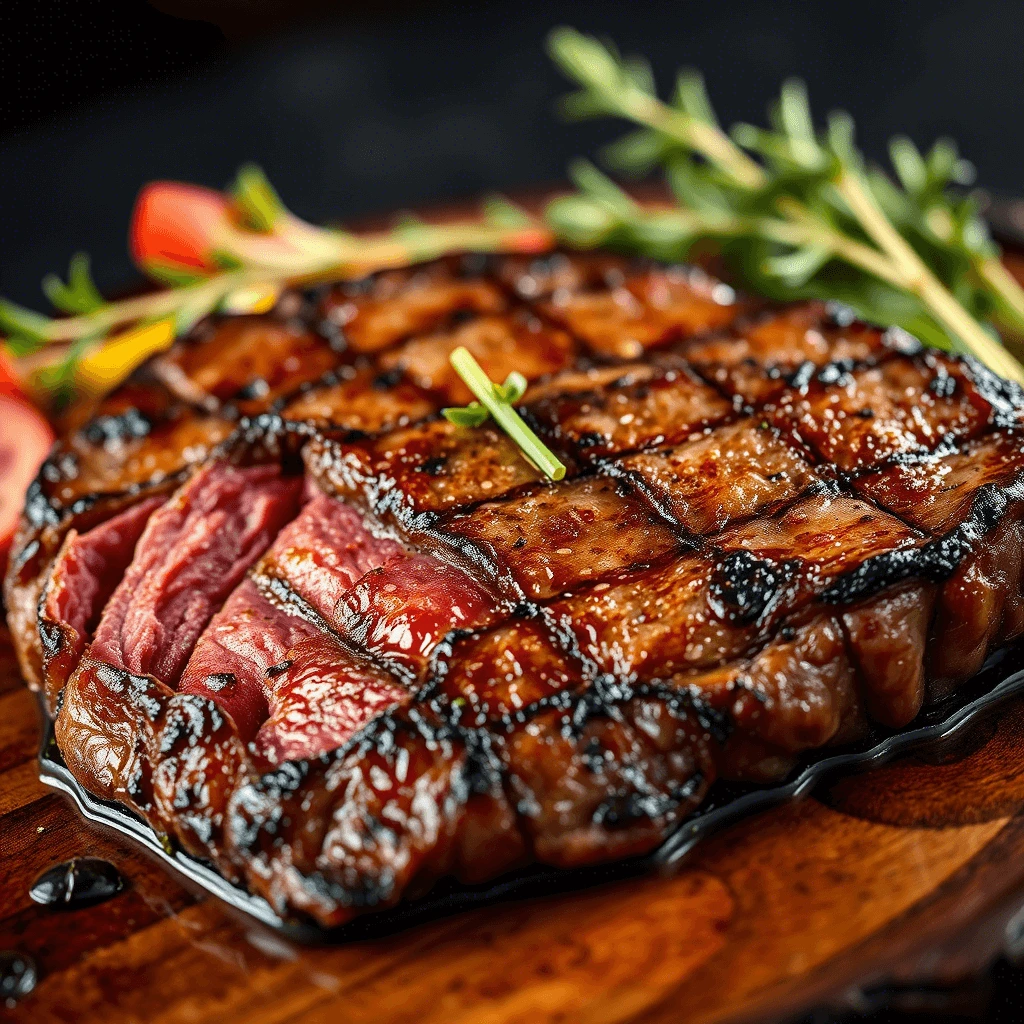 A perfectly grilled steak with a juicy, medium-rare interior and charred exterior, garnished with fresh herbs.