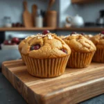 Freshly baked protein muffins with oats and berries on a wooden board.