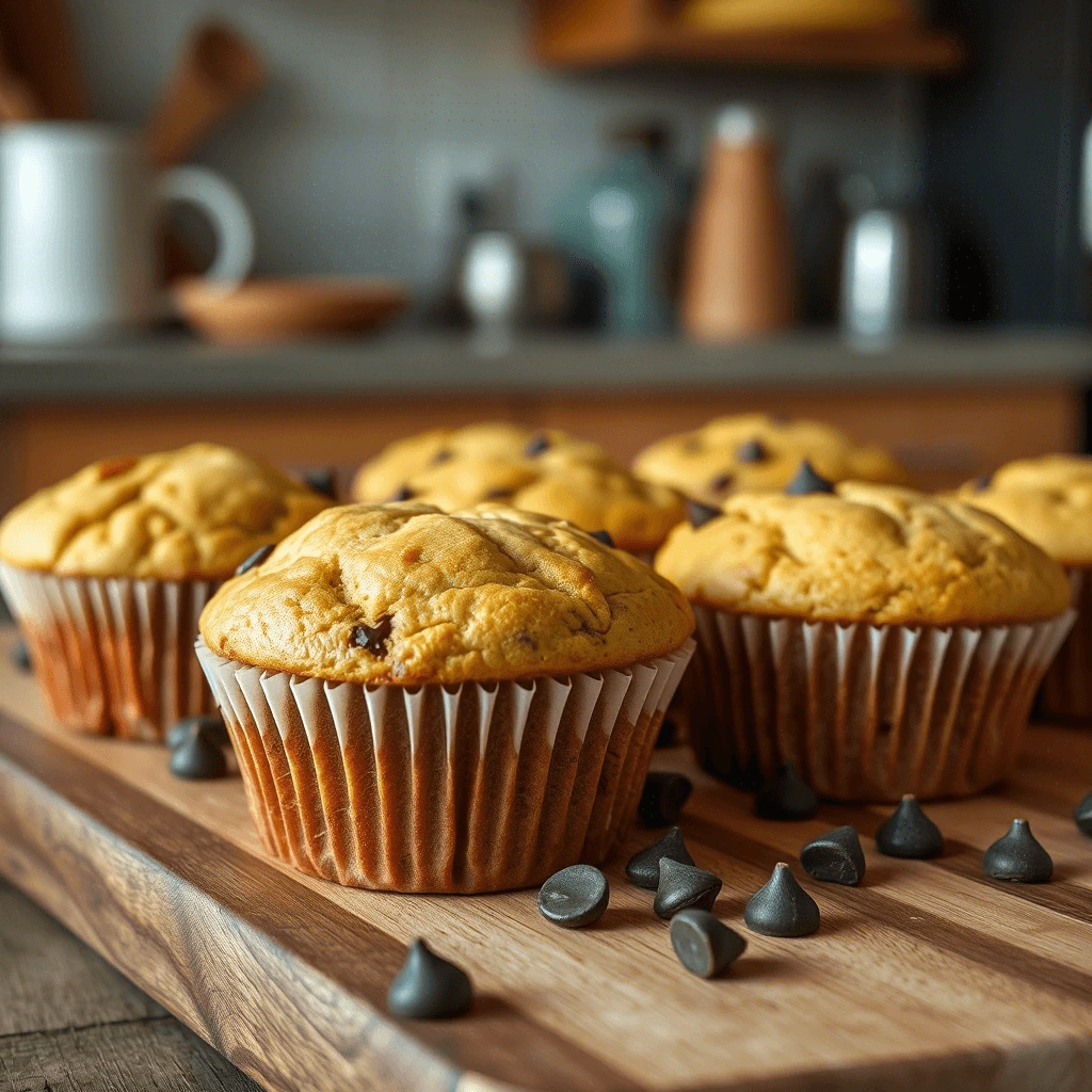Chocolate chip protein muffins on a wooden board in a cozy kitchen setting.