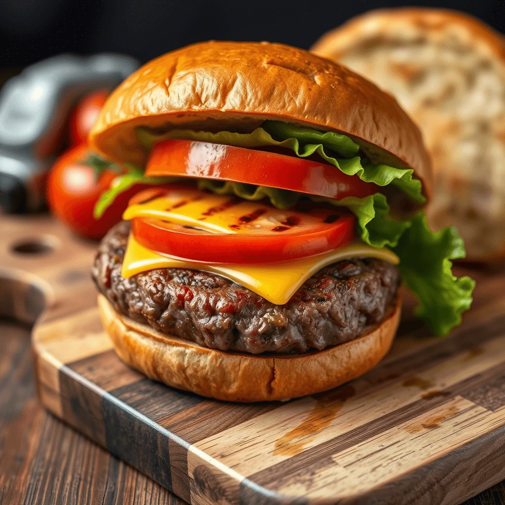 A classic cheeseburger with a juicy beef patty, melted cheese, fresh lettuce, ripe tomato slices, and crisp pickles, served on a toasted sesame seed bun.