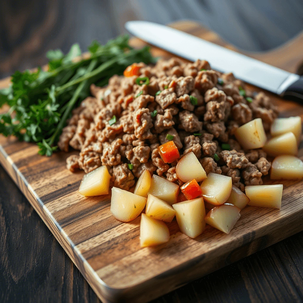 A rustic wooden cutting board topped with cooked ground beef, diced potatoes, and fresh herbs, with a knife in the background.