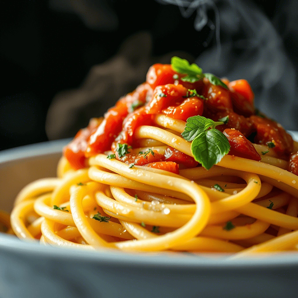 Close-up of Barilla Protein Pasta topped with fresh tomato sauce and garnished with basil