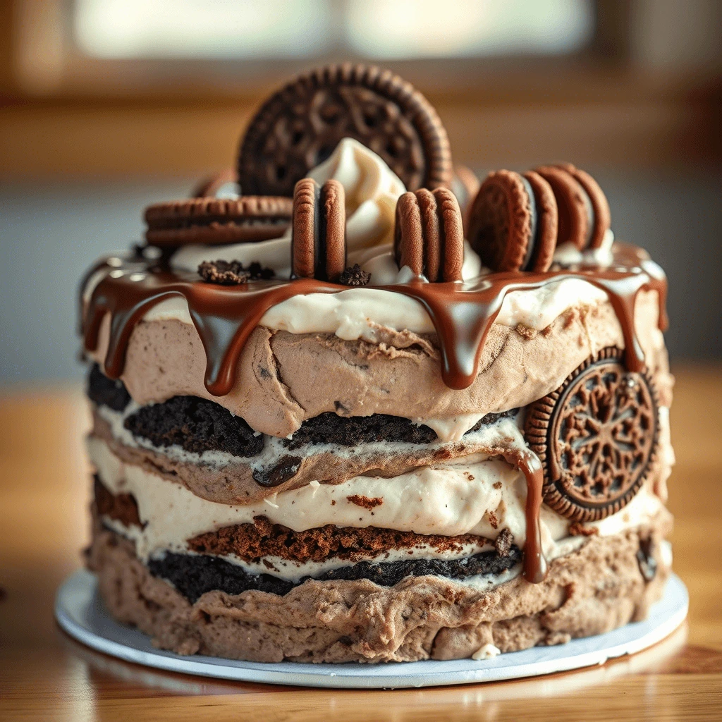 A decadent Carvel ice cream cake topped with whipped cream, chocolate drizzle, and Oreo cookies.