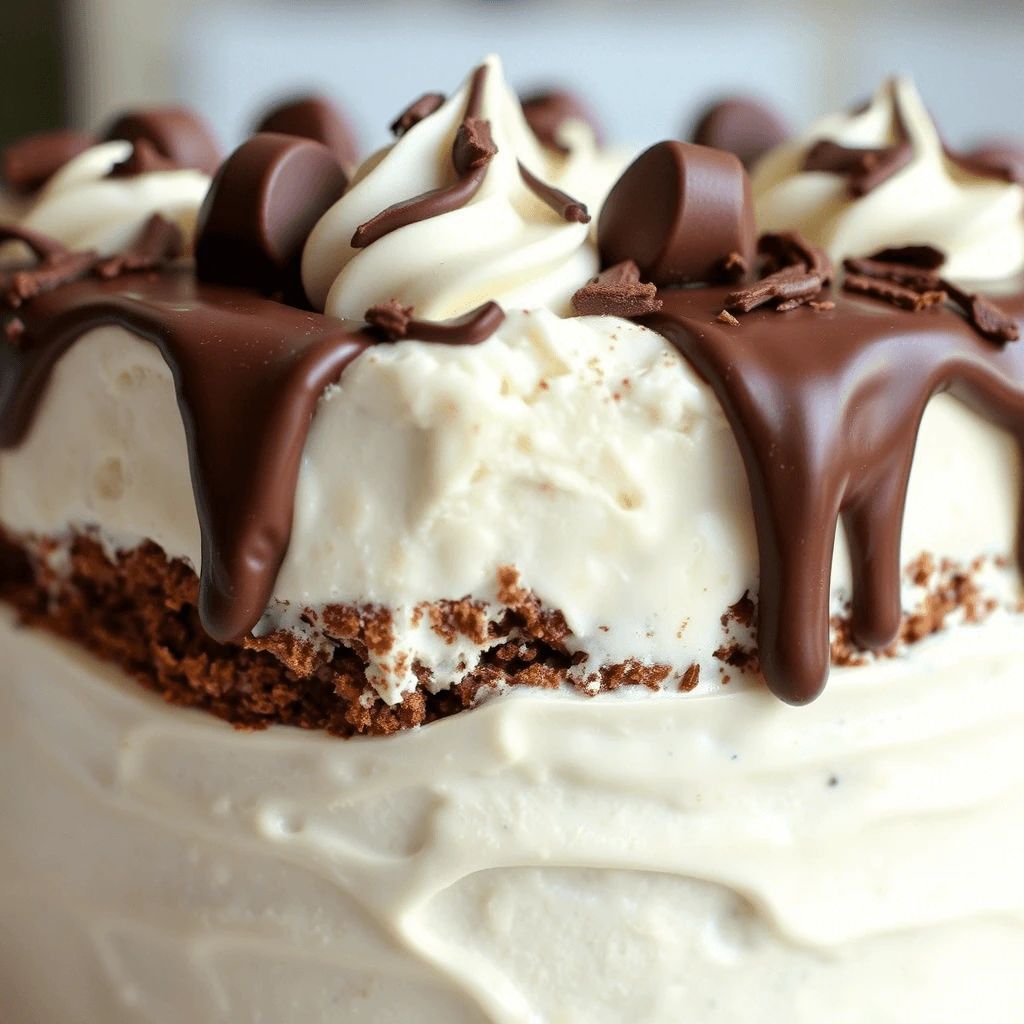 A close-up of a rich chocolate dessert topped with whipped cream, chocolate drizzle, and chocolate shavings.