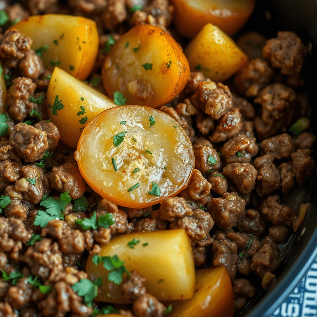 A hearty dish of ground beef and golden potatoes, garnished with fresh cilantro.