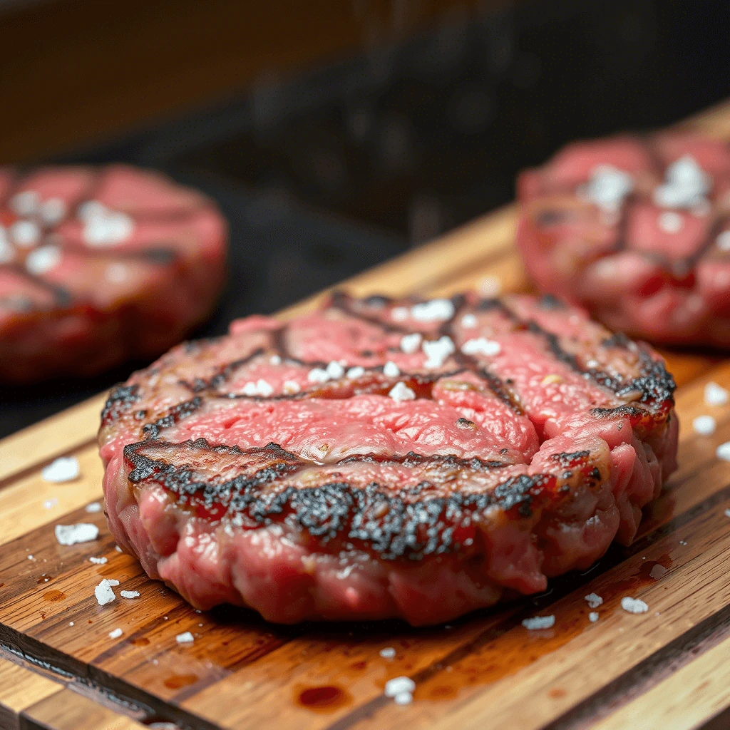 A beautifully seared Wagyu steak with a pink center and visible marbling, seasoned with coarse salt, resting on a wooden cutting board.