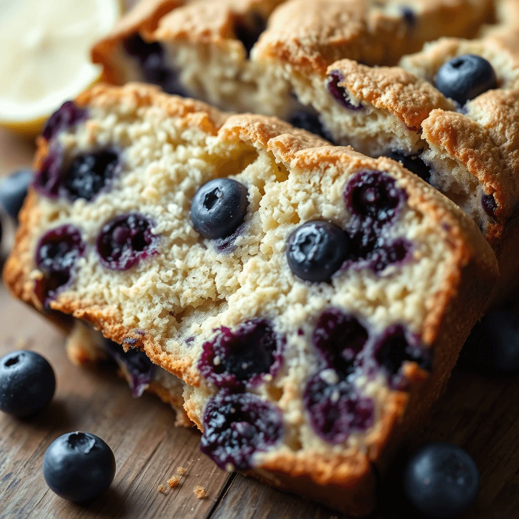 Delicious slices of lemon blueberry bread with fresh blueberries and a hint of citrus.