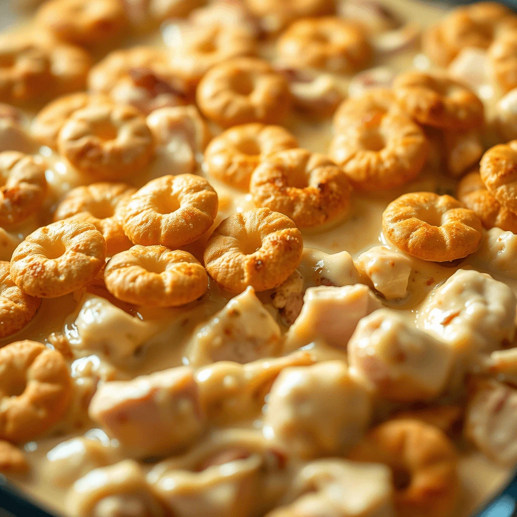 Close-up of Ritz Cracker Chicken Casserole topped with golden, buttery crackers and creamy sauce