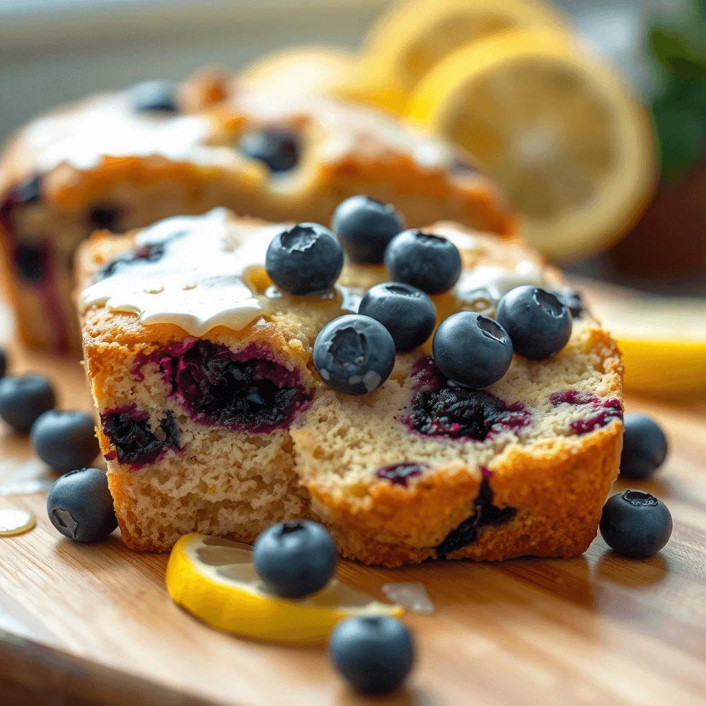 A slice of lemon blueberry bread topped with fresh blueberries and a drizzle of sweet glaze, surrounded by lemon slices.