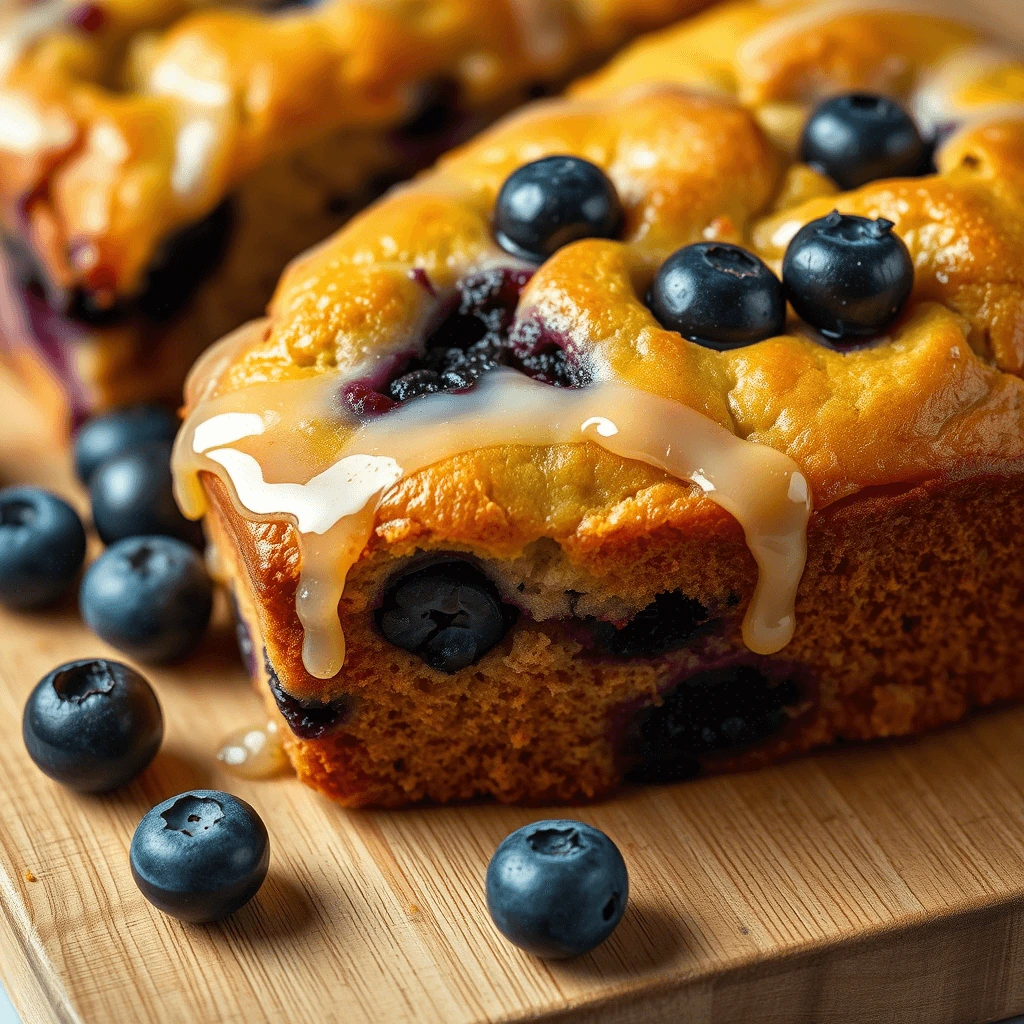 A slice of lemon blueberry bread topped with a drizzle of sweet glaze and surrounded by fresh blueberries.