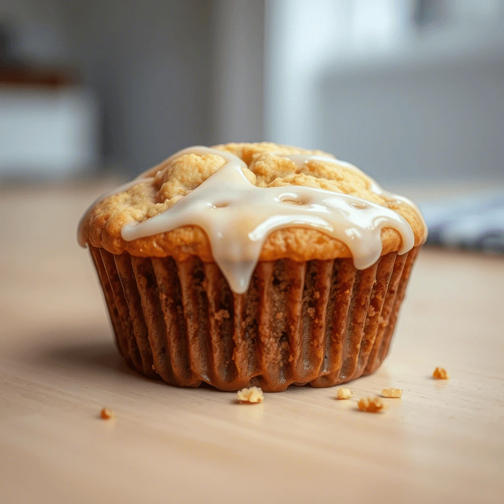 Glazed muffin with a golden brown top and icing drizzle on a wooden surface


