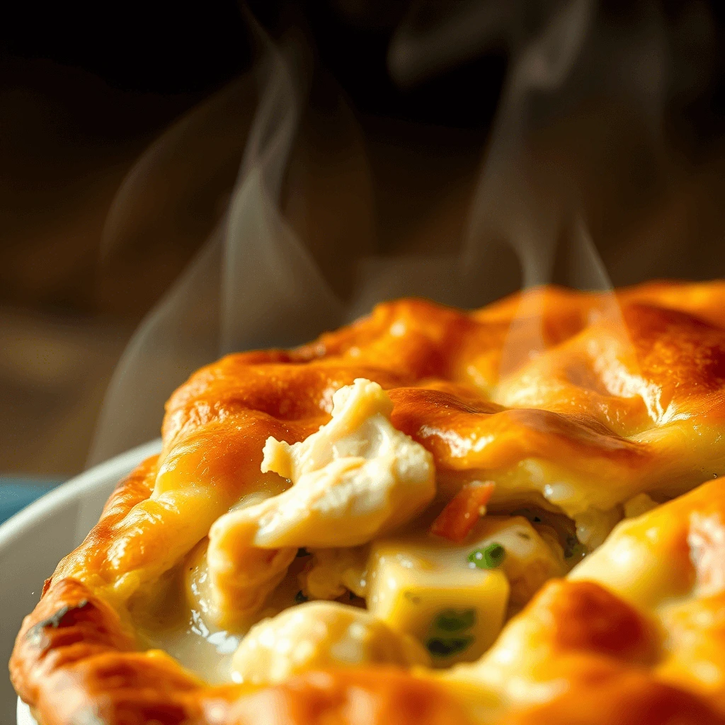 Close-up of a steaming hot chicken pot pie casserole with golden crust and creamy filling