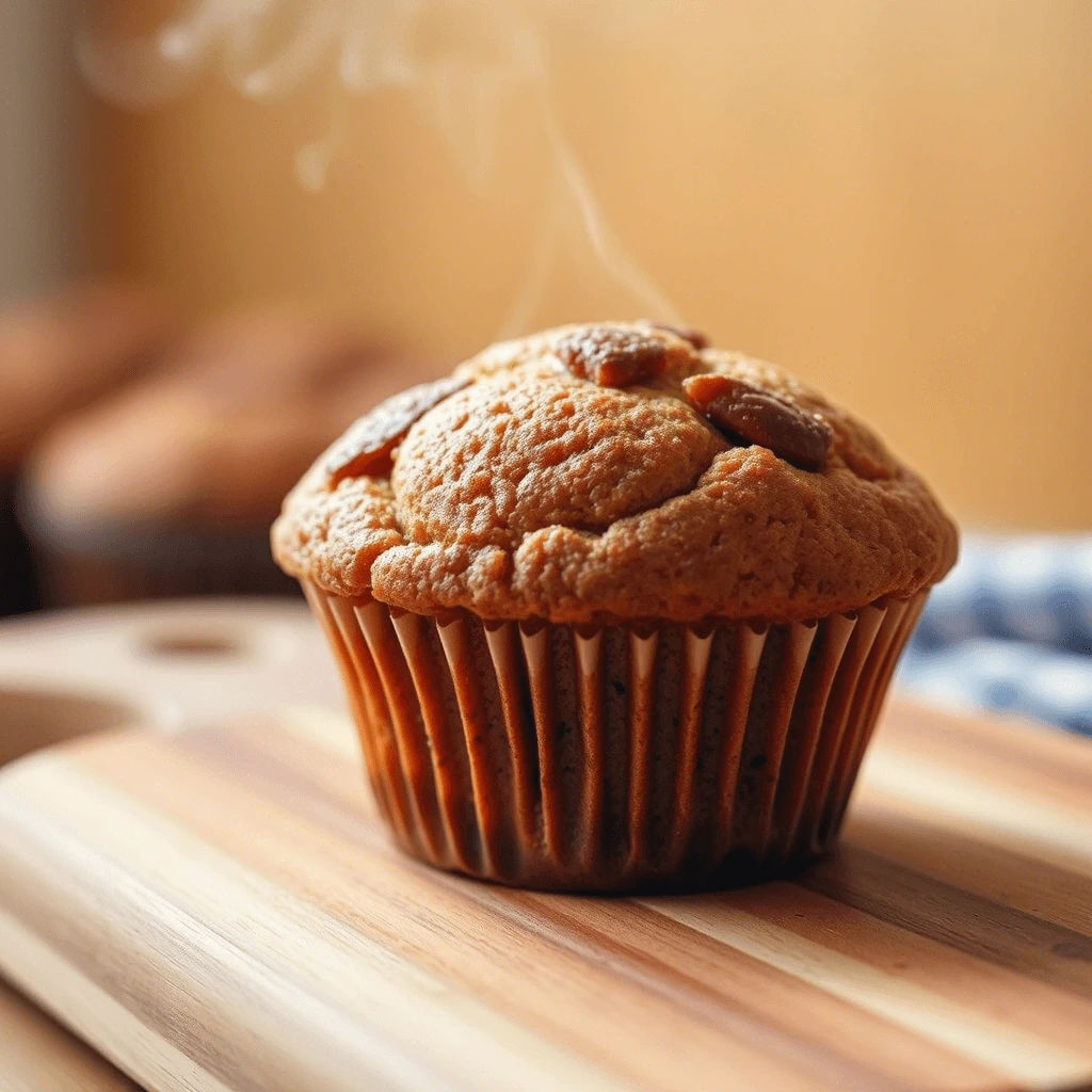 Freshly baked chocolate chip muffin steaming on a wooden cutting board