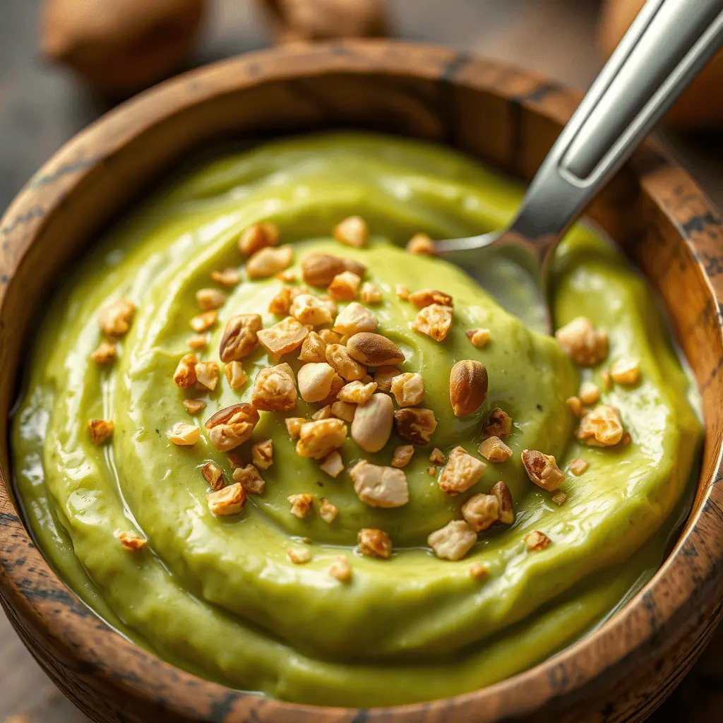A creamy pistachio spread served in a glass bowl, garnished with chopped pistachios and fresh berries, perfect for spreading on toast or pastries.
