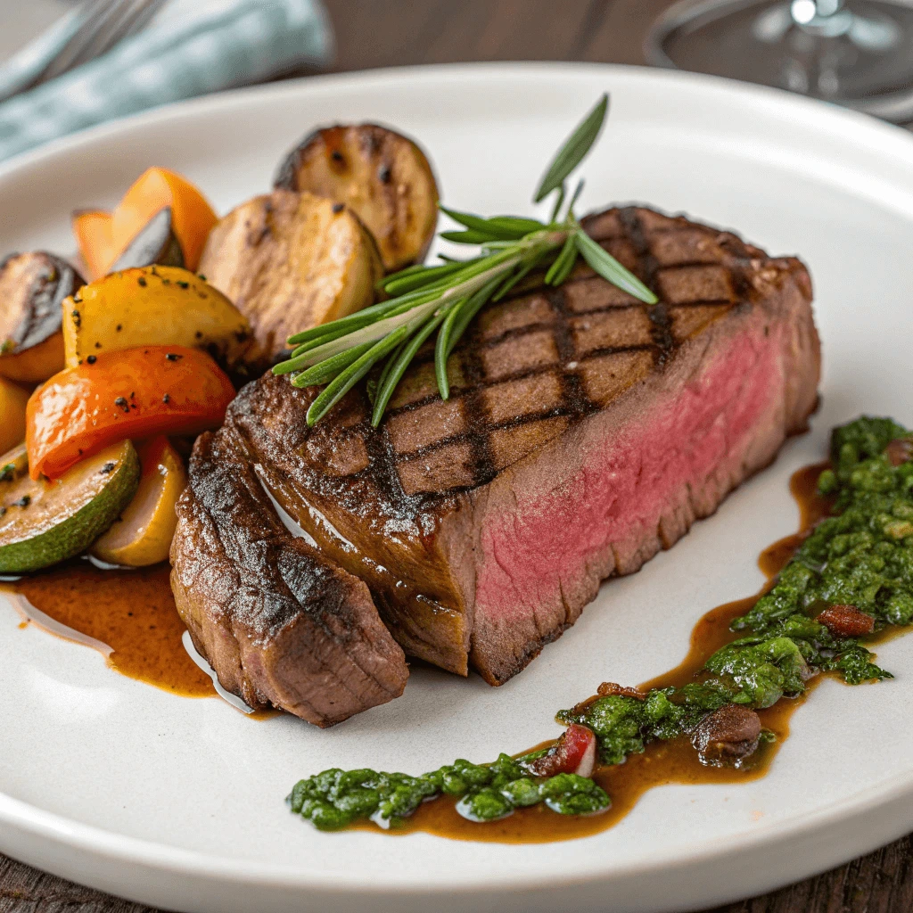 A beautifully plated medium-rare steak with charred grill marks, accompanied by colorful roasted vegetables and a vibrant green sauce.