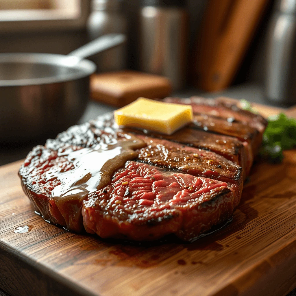A perfectly cooked steak with a caramelized crust and juicy, medium-rare interior, topped with a pat of butter on a wooden cutting board.