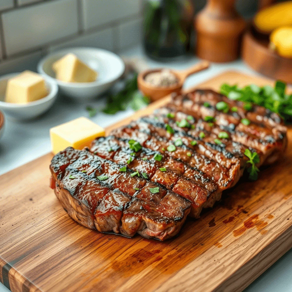 A perfectly grilled strip steak with a charred exterior, garnished with fresh herbs, served on a wooden cutting board. Surrounding the steak are small bowls of butter and seasoning, creating an inviting culinary scene.