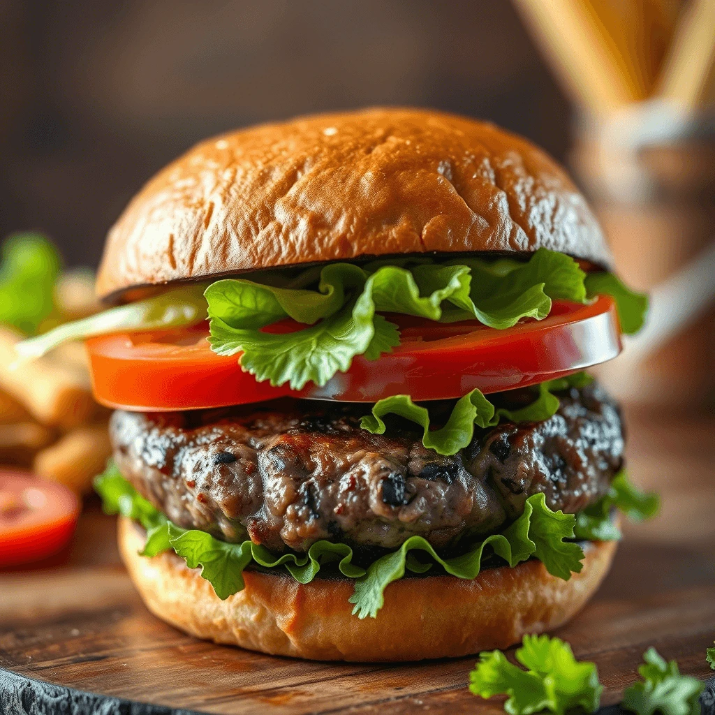 A mouthwatering wild burger with a perfectly grilled beef patty, fresh lettuce, juicy tomato slices, and a toasted brioche bun, served on a wooden board with fries in the background.