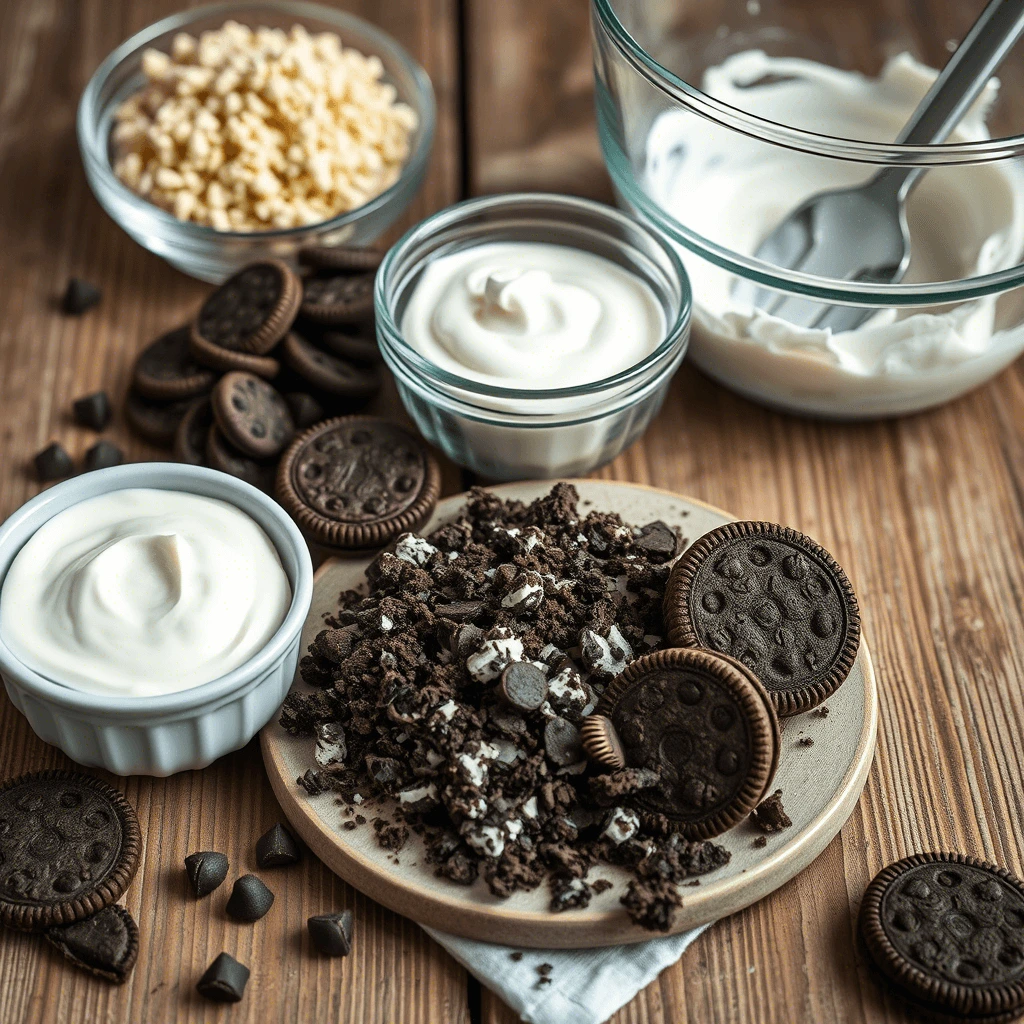 Ingredients for a cookies and cream dessert, featuring crushed chocolate sandwich cookies, whipped cream, white chocolate chips, and whole cookies on a wooden table.