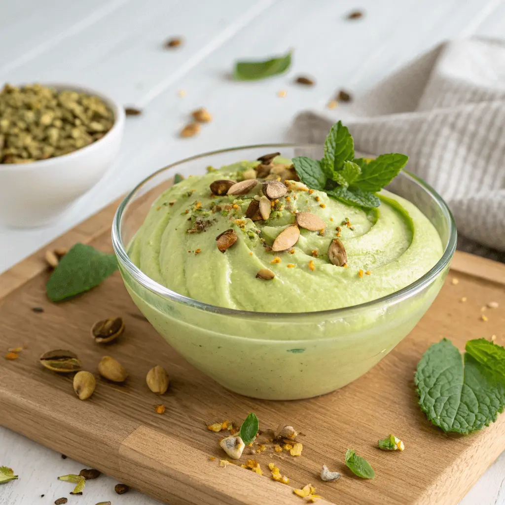 A vibrant green pistachio dip or spread in a glass bowl, garnished with crushed pistachios, mint leaves, and a sprinkle of turmeric, surrounded by whole pistachios and fresh mint on a wooden board.