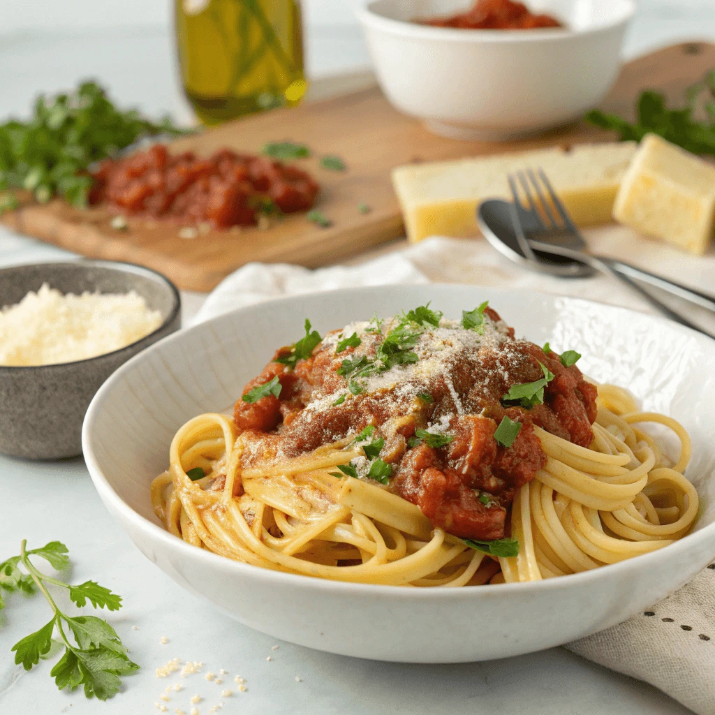 A bowl of Barilla Protein Pasta topped with tomato sauce, parmesan, and fresh parsley

