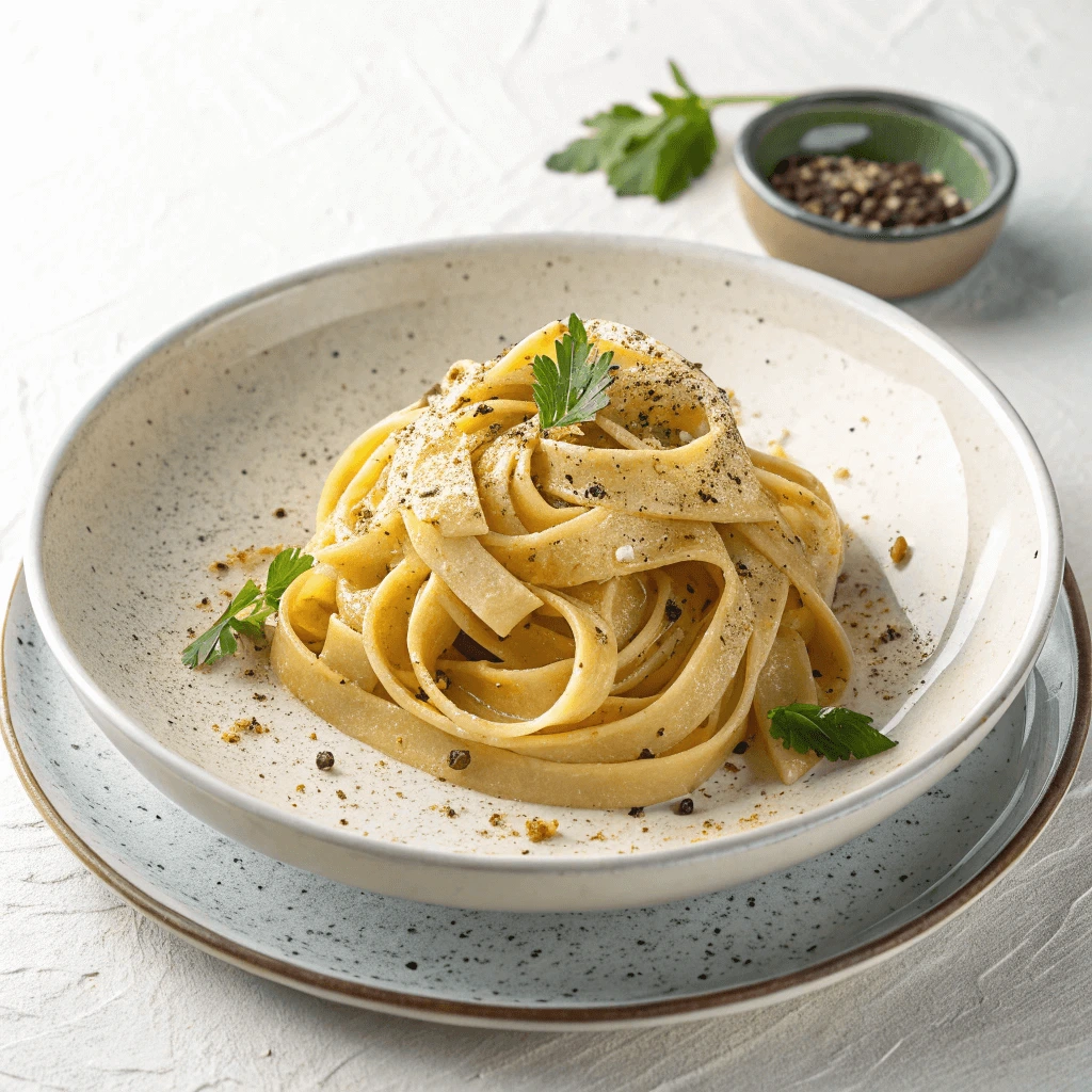 A plate of creamy pasta garnished with fresh herbs and black pepper, accompanied by a small bowl of grated cheese and additional herbs in the background.

