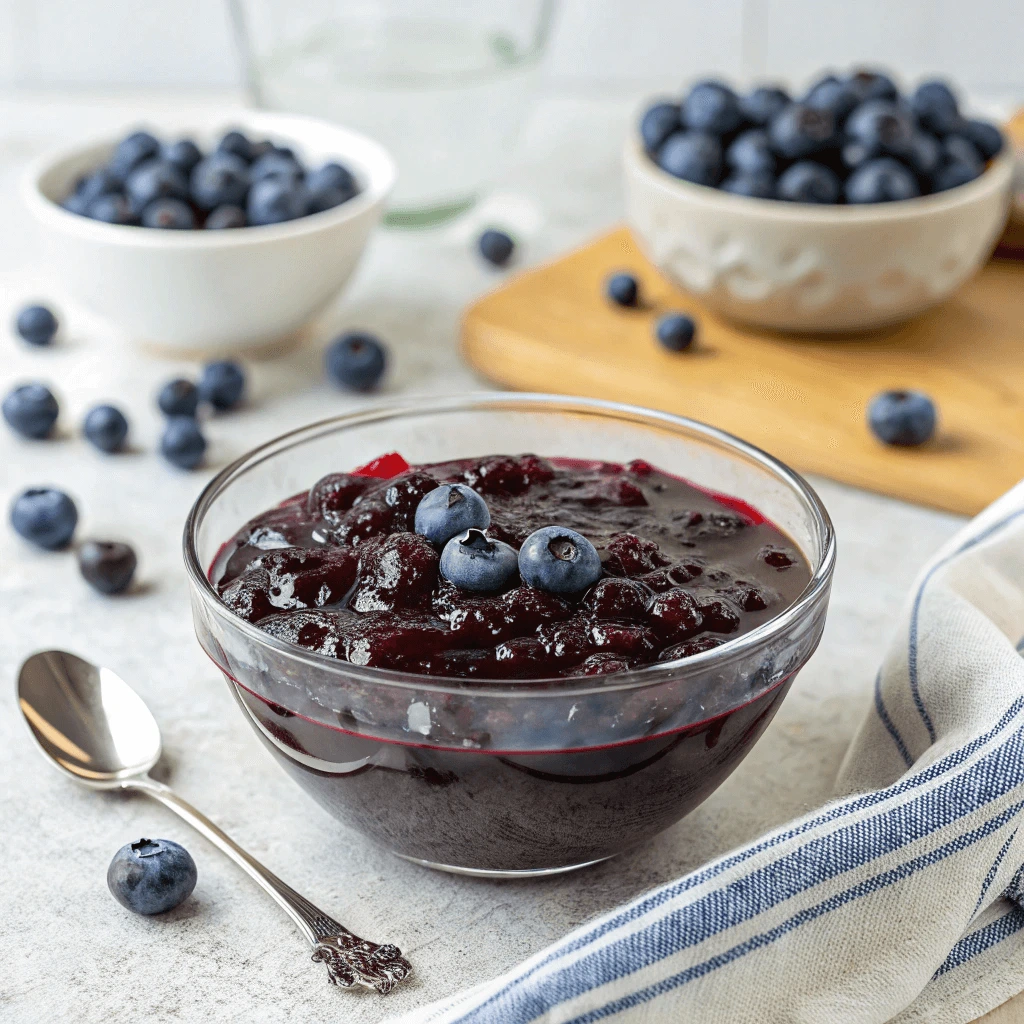 A glass bowl filled with a rich, dark blueberry compote, garnished with fresh blueberries. Surrounding the bowl are scattered blueberries and two small white bowls filled with more berries, set on a wooden cutting board and a light-colored surface.