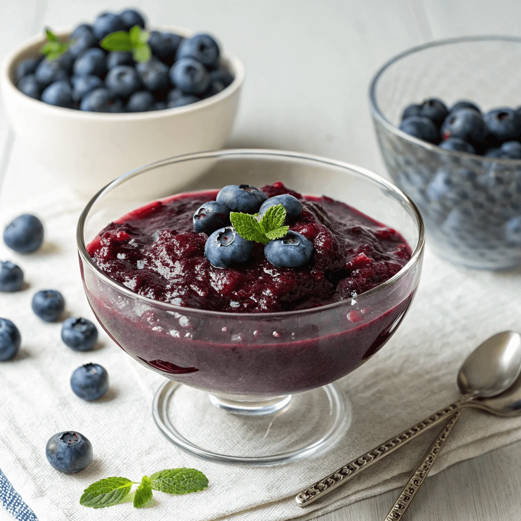 Glass bowl of homemade blueberry compote garnished with fresh blueberries and mint