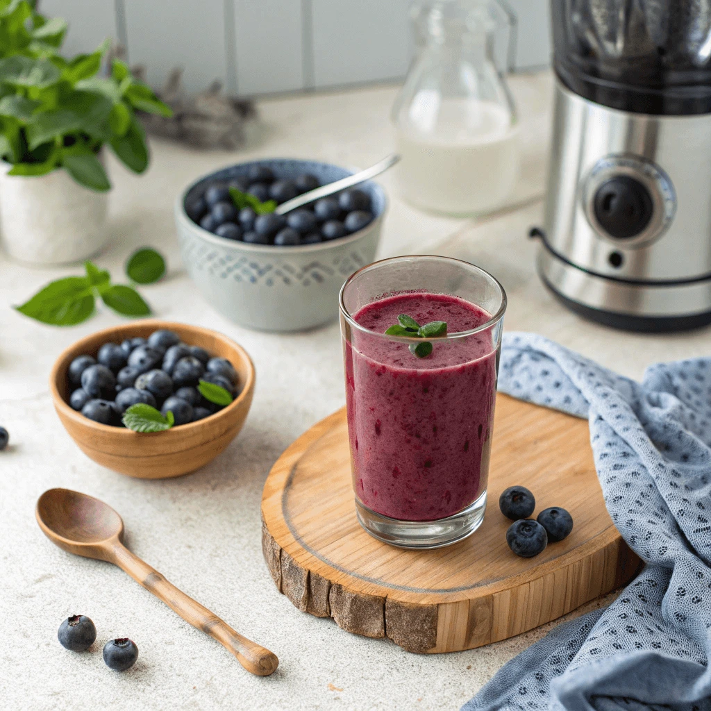 A glass of vibrant blueberry smoothie garnished with mint, served on a wooden board, surrounded by fresh blueberries, a blender, and milk.