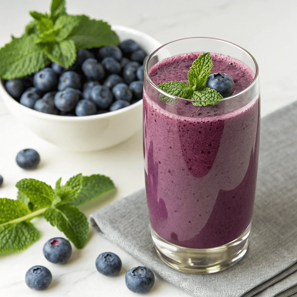 A glass of creamy blueberry smoothie garnished with fresh mint and a blueberry, served alongside a bowl of whole blueberries and scattered mint leaves.