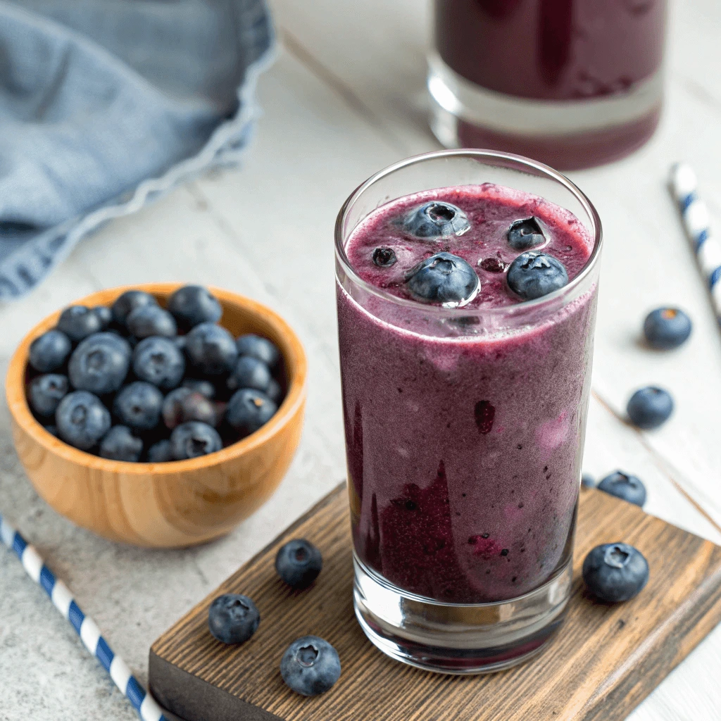 A glass of vibrant blueberry juice garnished with fresh blueberries, served on a wooden board alongside a bowl of whole blueberries and scattered berries.