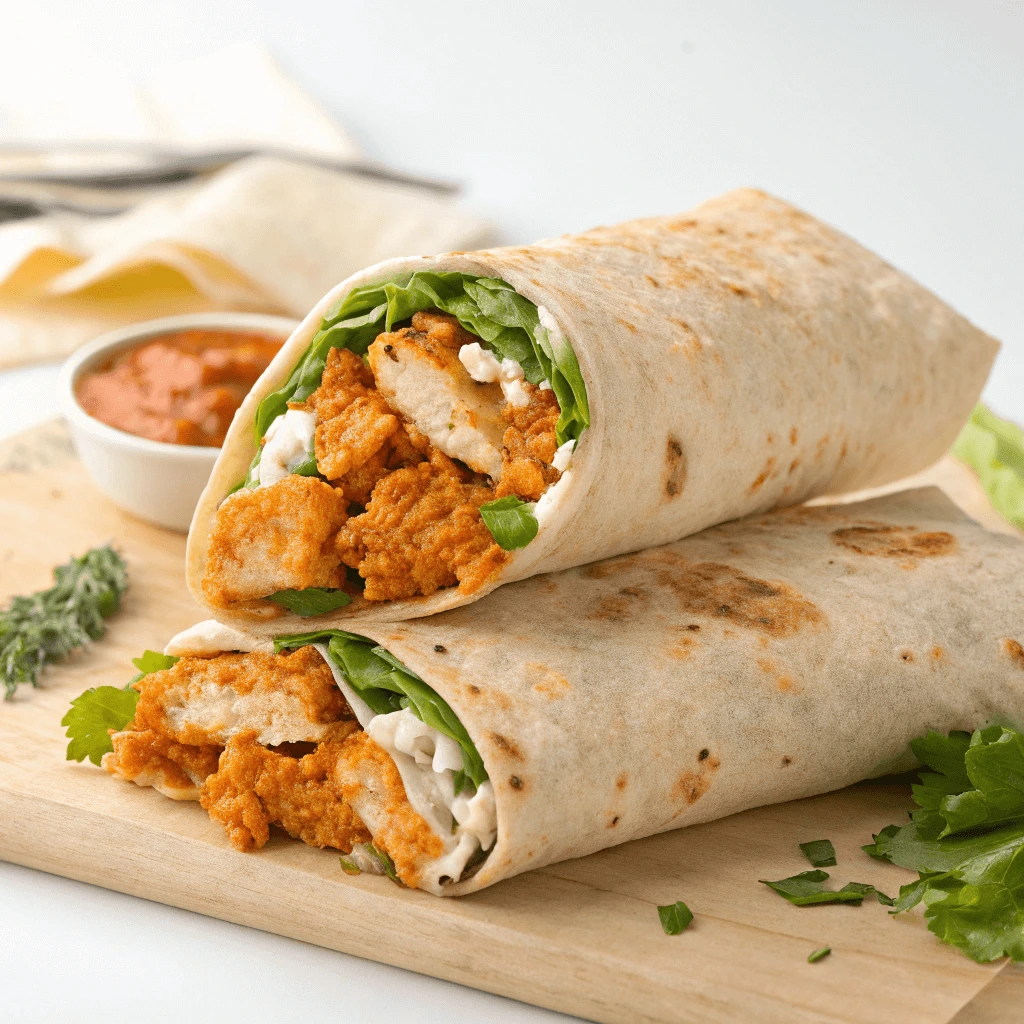 A delicious buffalo chicken wrap cut in half, showcasing crispy buffalo chicken pieces, fresh lettuce, and creamy sauce, served on a wooden cutting board with a side of buffalo sauce.
