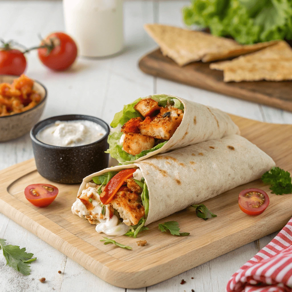 A delicious buffalo chicken wrap served on a wooden cutting board, filled with crispy buffalo chicken pieces, fresh lettuce, and creamy sauce. Served alongside small bowls of ranch dressing and buffalo wings, with cherry tomatoes and crackers in the background.