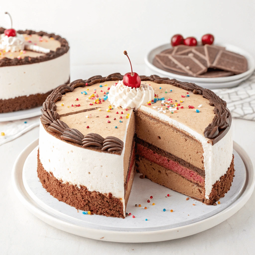 A slice of Carvel ice cream cake with layers of chocolate and vanilla ice cream, topped with whipped cream, colorful sprinkles, and a cherry.