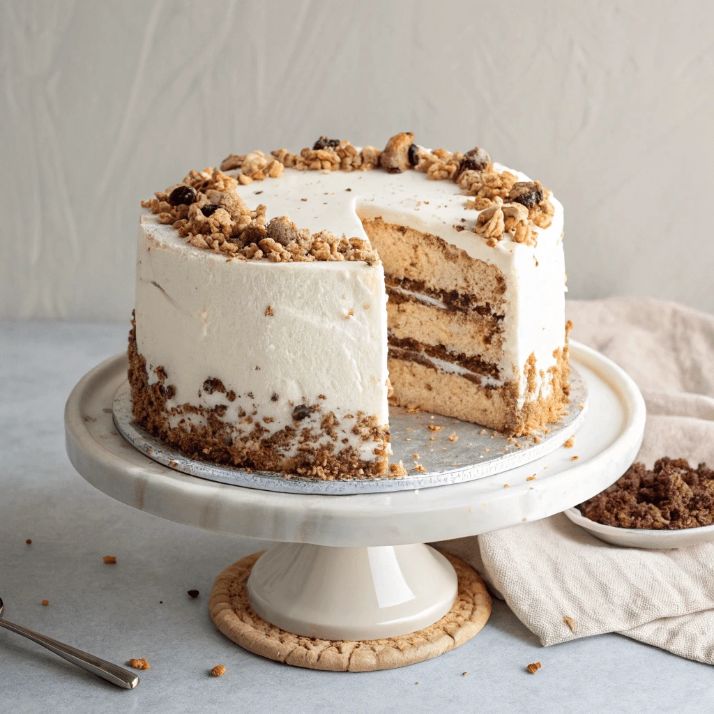 A layered cake with white frosting, topped with granola and raisins, displayed on a white cake stand.