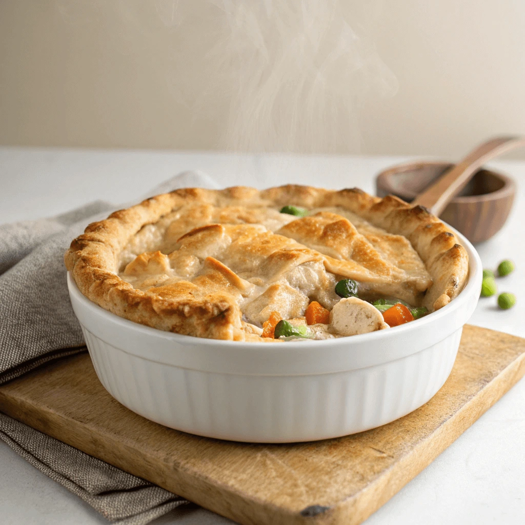 A freshly baked pot pie in a white ceramic dish, placed on a wooden cutting board. The golden-brown crust is flaky and slightly puffed, with visible chunks of vegetables like carrots and peas peeking through the filling.