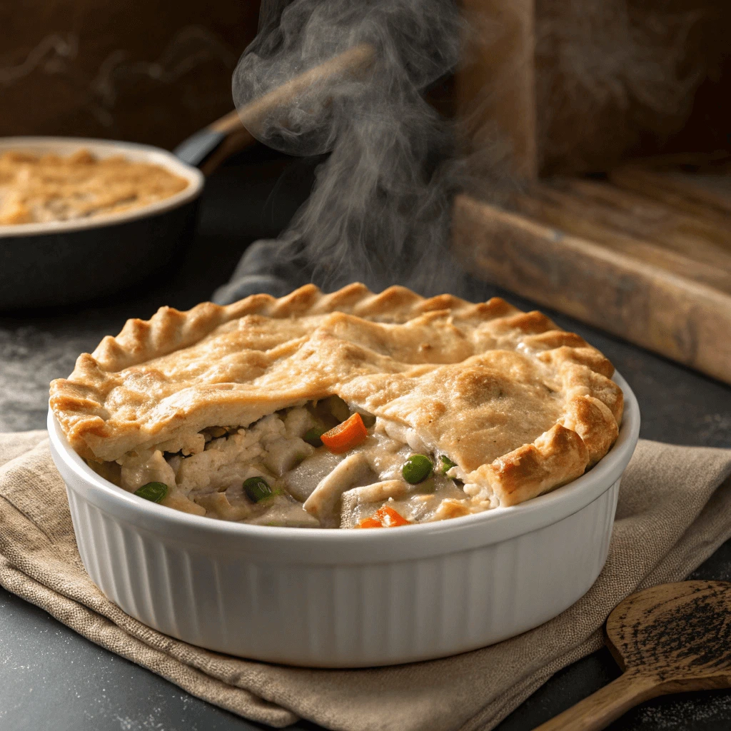 Homemade chicken pot pie casserole with golden crust and creamy vegetable filling in a white baking dish