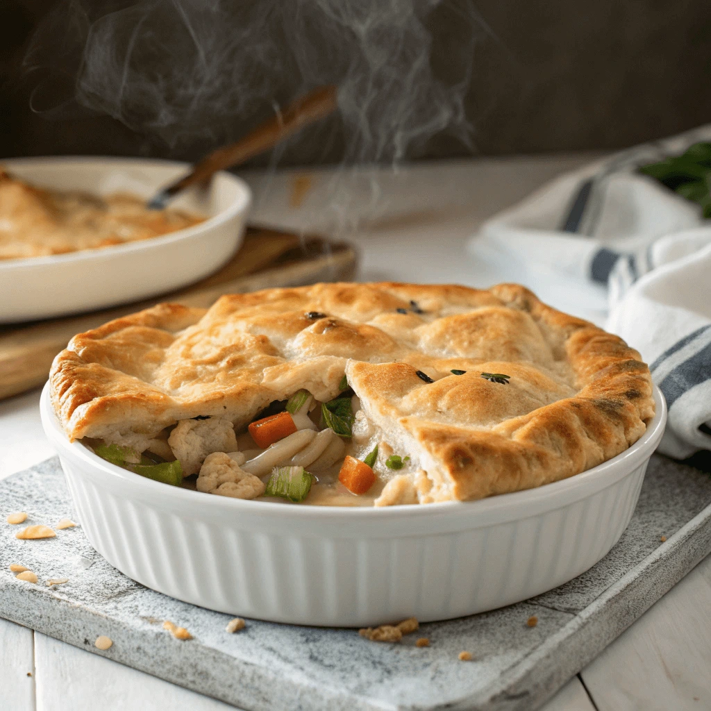 Homemade chicken pot pie casserole with golden crust and creamy vegetable filling in a white baking dish