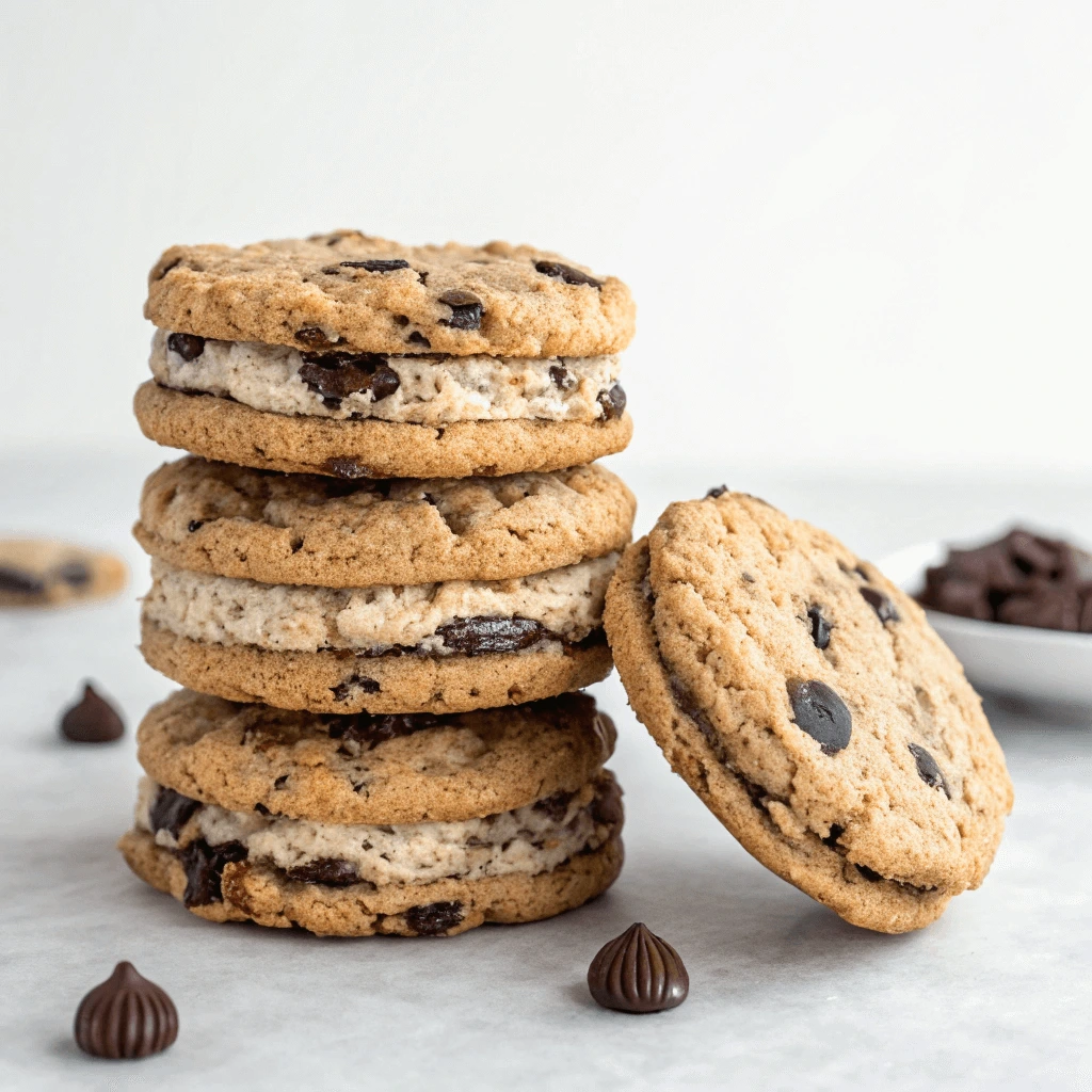 Stacked chocolate chip cookie sandwiches filled with creamy vanilla frosting, displayed on a white surface with scattered chocolate chips.