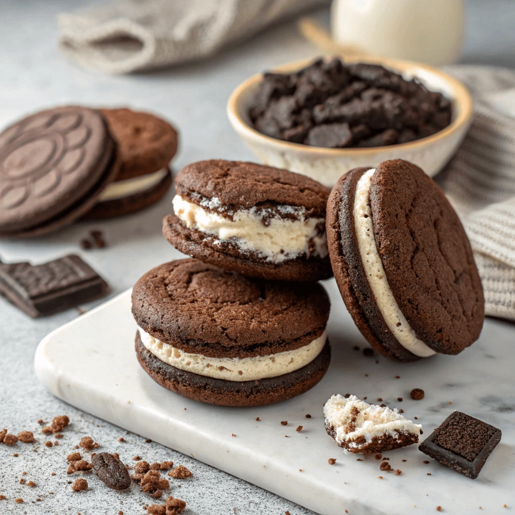 Delicious chocolate sandwich cookies filled with creamy white frosting, displayed on a marble board with scattered crumbs and chocolate pieces.