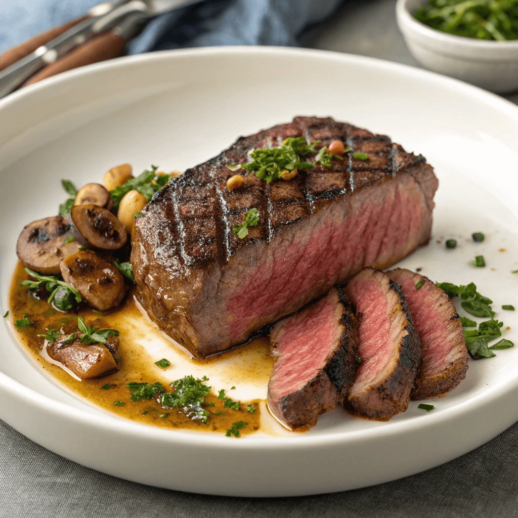 A perfectly cooked medium-rare steak with charred grill marks, served on a white plate with roasted mushrooms and a rich sauce, garnished with fresh herbs.