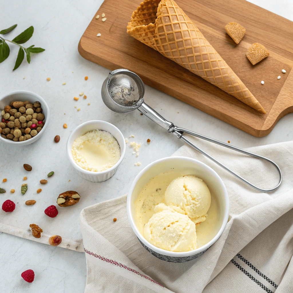 Vanilla ice cream scoops in a bowl with a metal scoop, waffle cone, and assorted toppings on a white surface