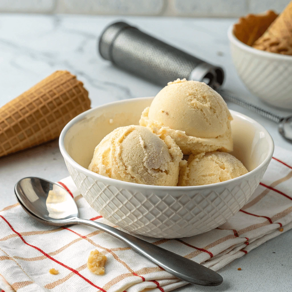 A bowl of creamy vanilla ice cream scoops on a checkered cloth, accompanied by an ice cream scoop and waffle cones in the background.