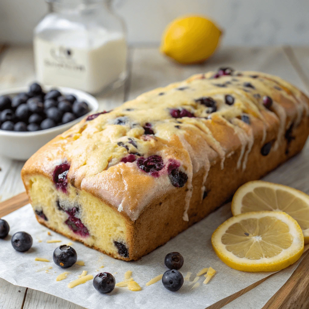 A loaf of lemon blueberry bread with a citrus glaze, surrounded by fresh lemons and blueberries.