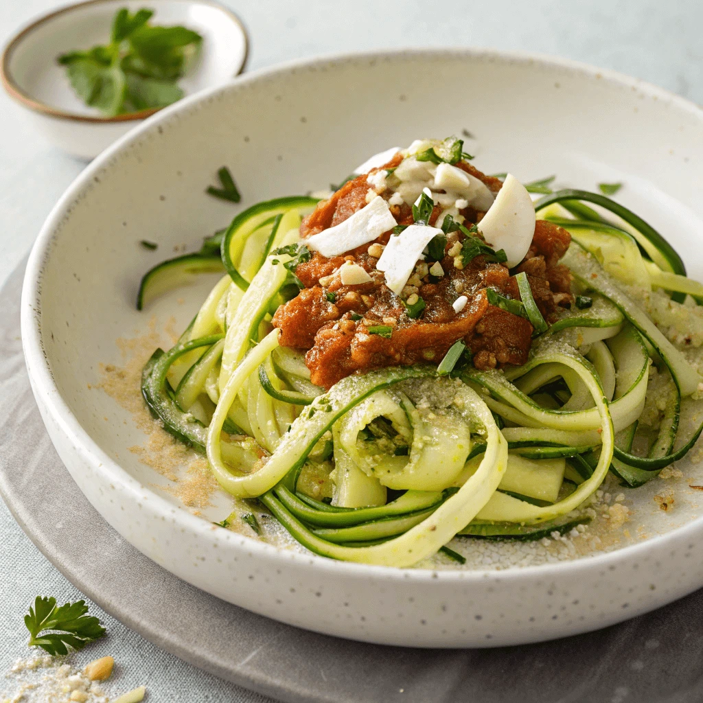 A bowl of zucchini noodles topped with a rich red sauce, creamy white cheese, and fresh herbs, served on a speckled ceramic dish.