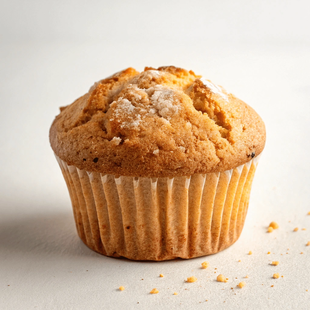 Golden brown muffin with a slightly cracked top, lightly dusted with powdered sugar, sitting on a white surface with scattered crumbs.

