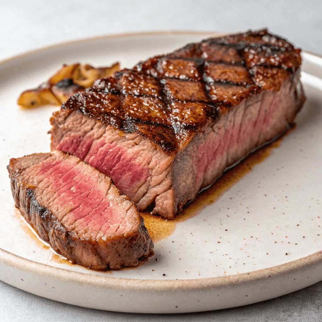 A perfectly cooked steak, sliced to reveal a juicy, medium-rare interior with a caramelized crust, served on a white plate.